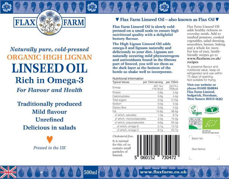 Flax Farm cold-pressed organic high lignan flaxseed oil label
