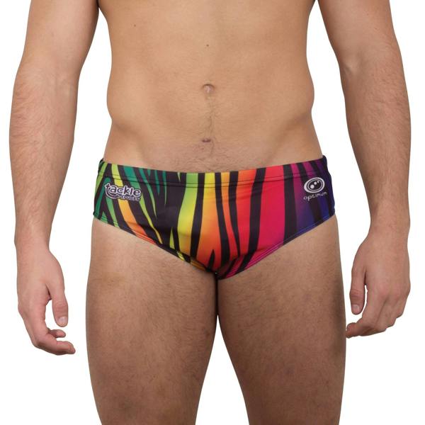Rainbow zebra print Optimum tackle trunks, front view on model with Tackle Trunks and Optimum logos - Optimum