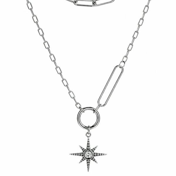 Silver chain necklace with a star-shaped pendant on a white background