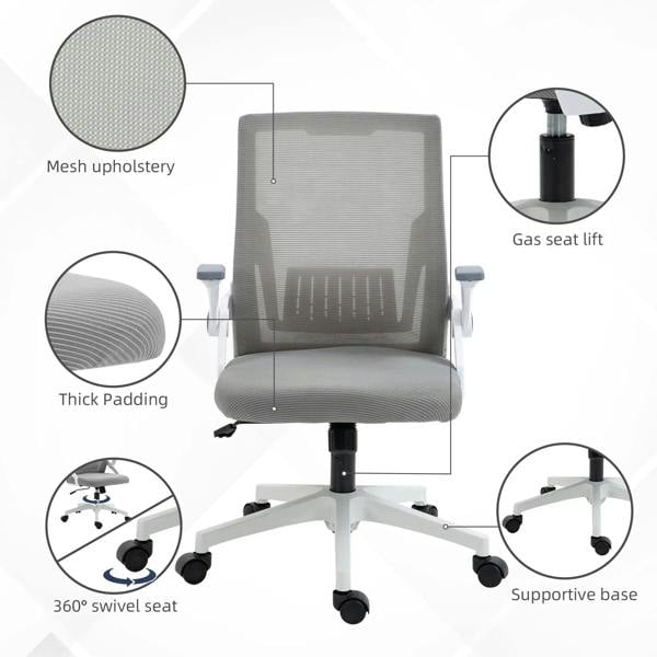 Grey mesh office chair with thick padding, supportive base, gas seat lift and swivel wheels