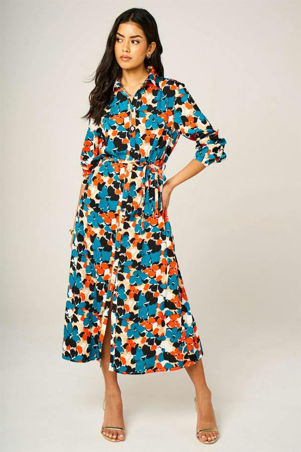 FS Collection Floral Print Shirt Midi Dress In Multi