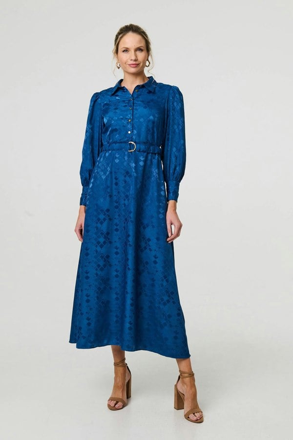 Blue | Metallic Puff Sleeve Maxi Shirt Dress
