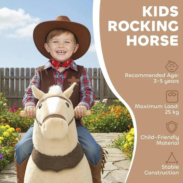 Rocking Horse, Plush Ride On Horse with Rolling Wheels & Saddle, Ride On Pony Toy for Kids 3-5 Years, Up to 25kg, Brown