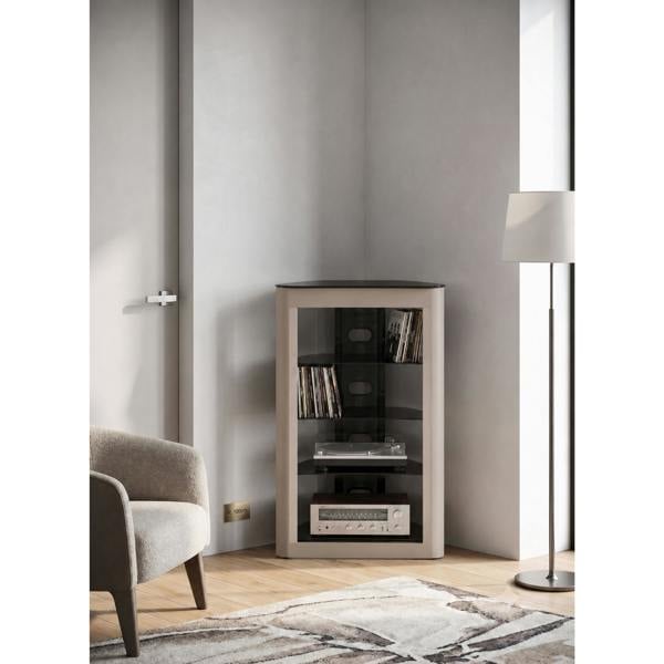 Homeology ZINNIA 5-Tier Entertainment Media Stand Black Glass Shelves & Greige Facia Audio Rack Stylish Home Theater Storage