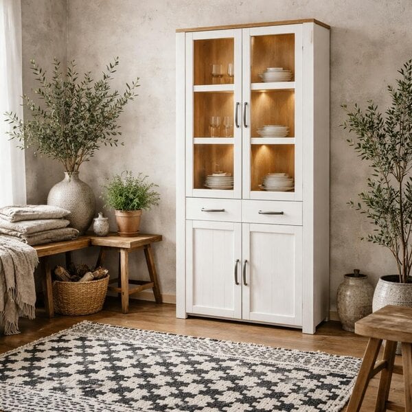 Wyld Haus Southampton White and Natural Oak Effect Display Cabinet with LED Lighting 4 Door 2 Drawer