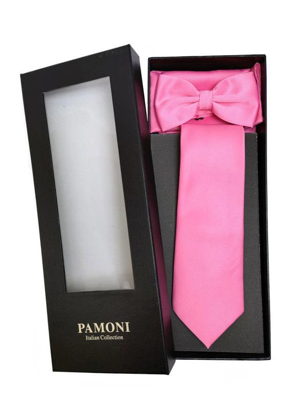 Pink PAMONI bow tie and tie set, stylish formal accessories, with a pink bow tie and matching necktie on a white background.