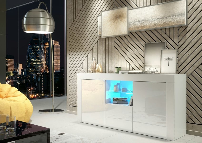 Mex Furniture Modern TV Unit Cabinet 145cm Stand & with White Gloss Doors & Free LED