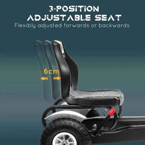Adjustable black seat on a white kids pedal go-kart, shown in close-up