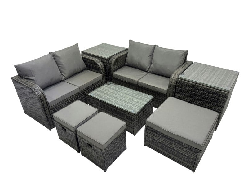 Fimous Outdoor Love Sofa Coffee Table Set Garden Rattan Furniture Set 7 Seater with 3 Stools 2 Side Tables Dark Grey