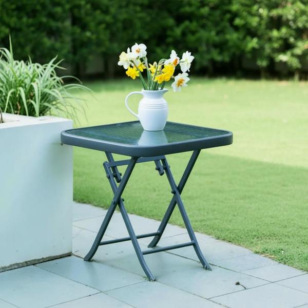 The Garden Marketplace Metal Framed Glass Top Folding Garden Side Table