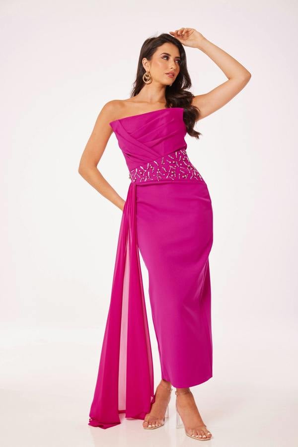 LuvForever Fuschia Strapless Jewelled Drape Midi Dress