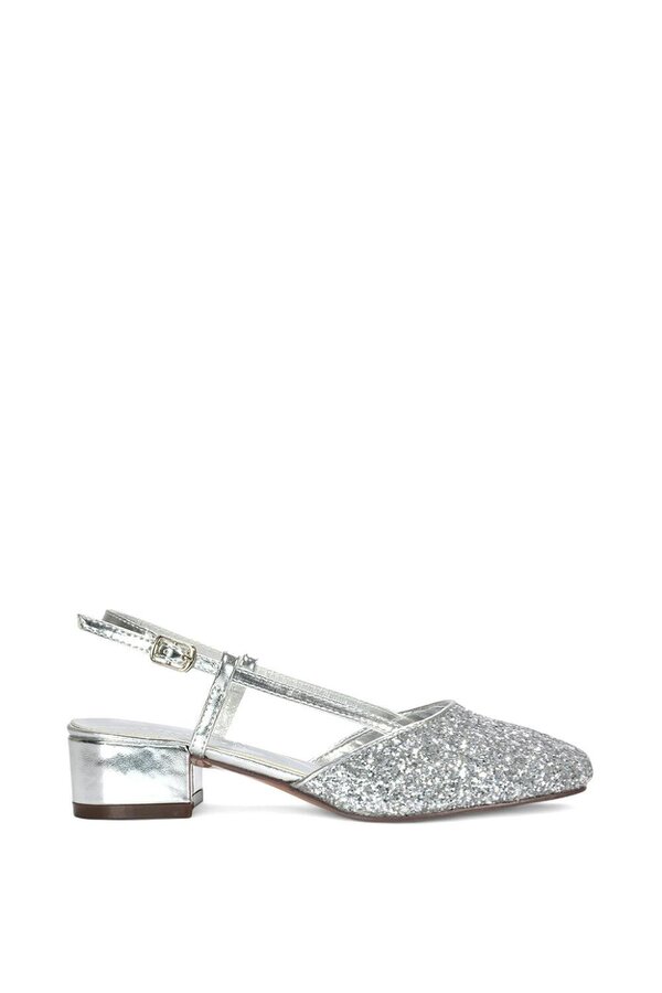 XY LONDON Slingback Court Shoes With Low Block Heel - Silver