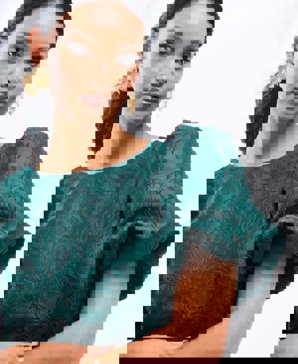 Needs No Label Green Jacquard Puff Sleeve Mini Dress