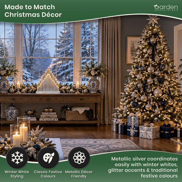 Thirty-Three Light Silver Christmas Candlebridge Tower, Metallic Finish Window Decoration with Cable and Plug, Supplied Complete, No Assembly Required