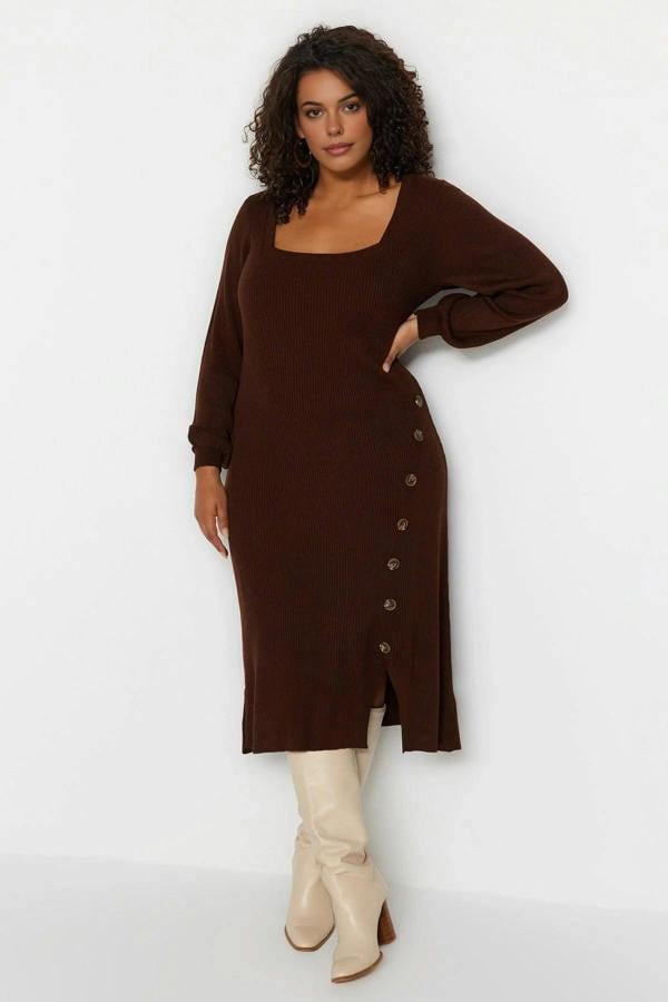 WOVCOR Button Detail Slit Knit Dress
