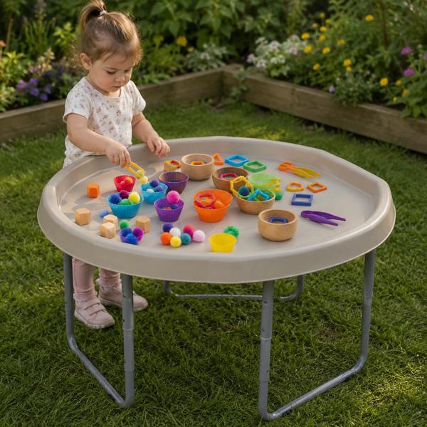 A young child stands behind a hexacle plastic activity tuff tray set outdoors on grass, playing with colorful toy shapes and small cups. The table has a sand taupe tuff tray top and gray metal legs, with many bright multicolor toys arranged on it.