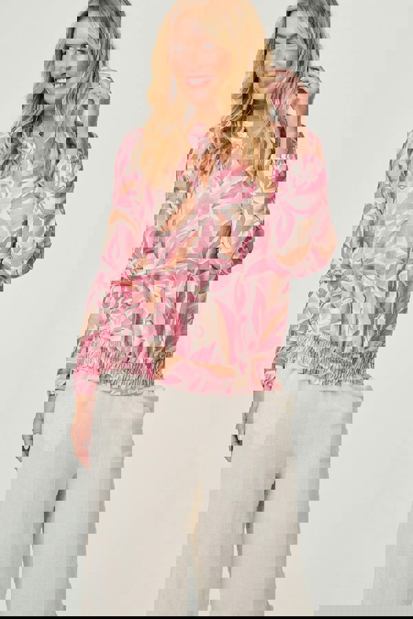 Pink | Floral Shirred 3/4 Sleeve V-Neck Blouse
