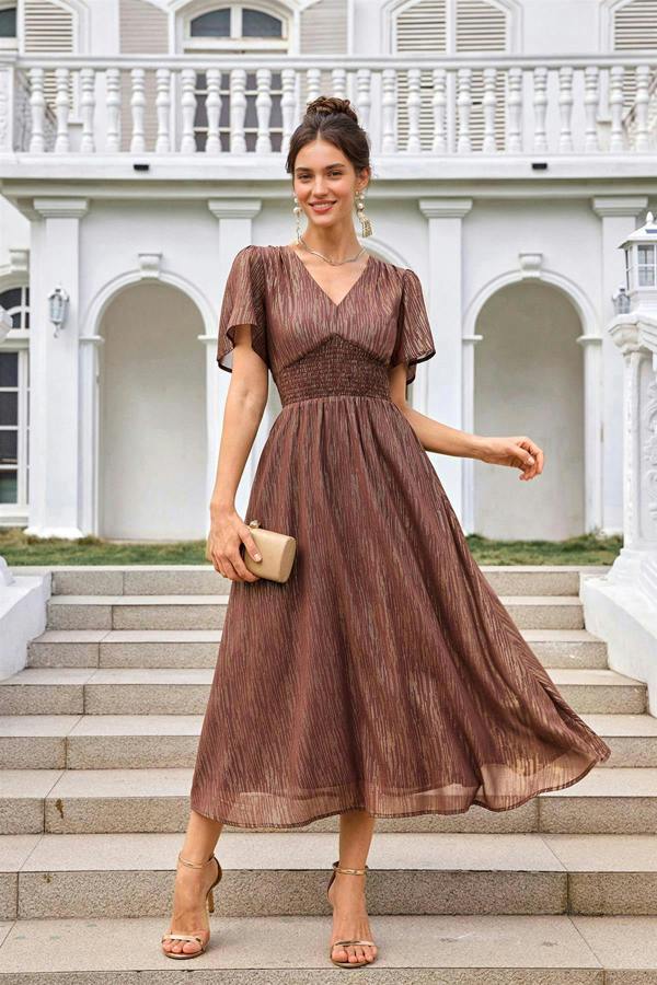 FS Collection Angel Sleeve Gold Stripe Foil Midi Dress In Brown