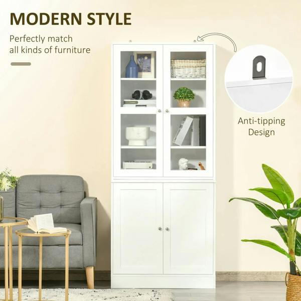 White modern bookcase cabinet with glass doors and anti-tipping base