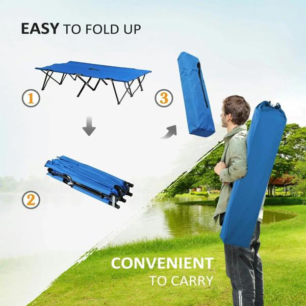 Blue double camping cot bed with carry bag and easy-fold frame design.