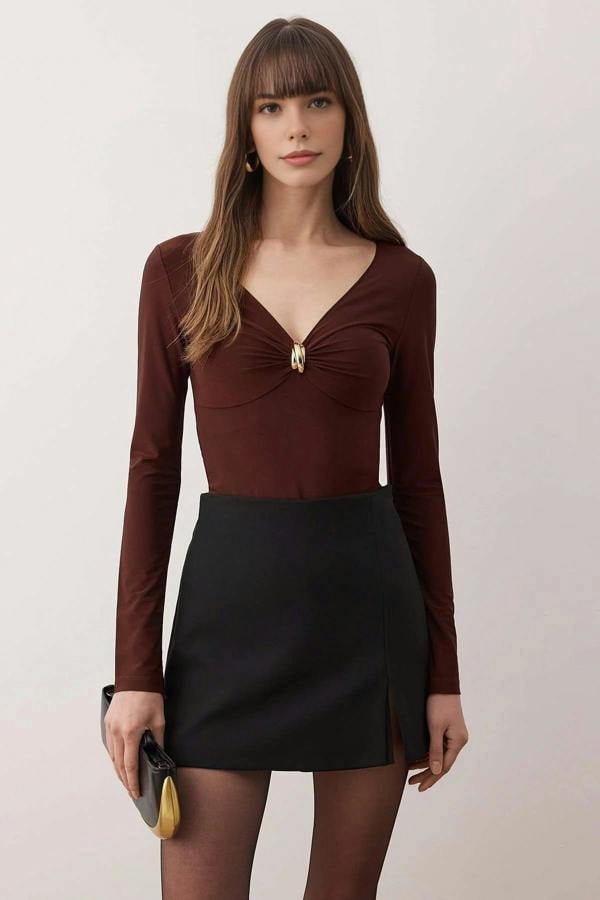 WOVCOR V-Neck Knit Bodysuit with Accessory Detail