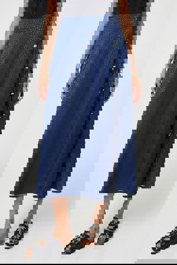 Navy | Animal Print Button Detail Midi Skirt
