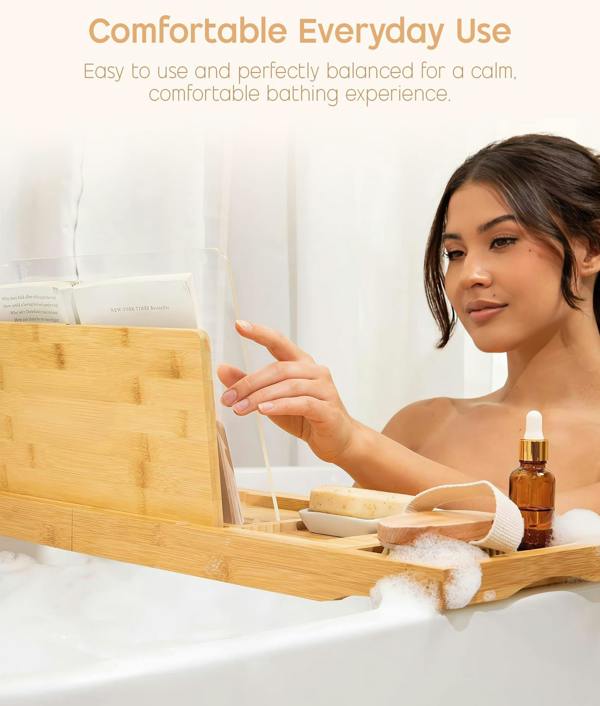 ADOV Extendable Bamboo Bath Tray, Adjustable Wooden Bathtub Caddy with Book, Tablet, Phone and Wine Glass Holder