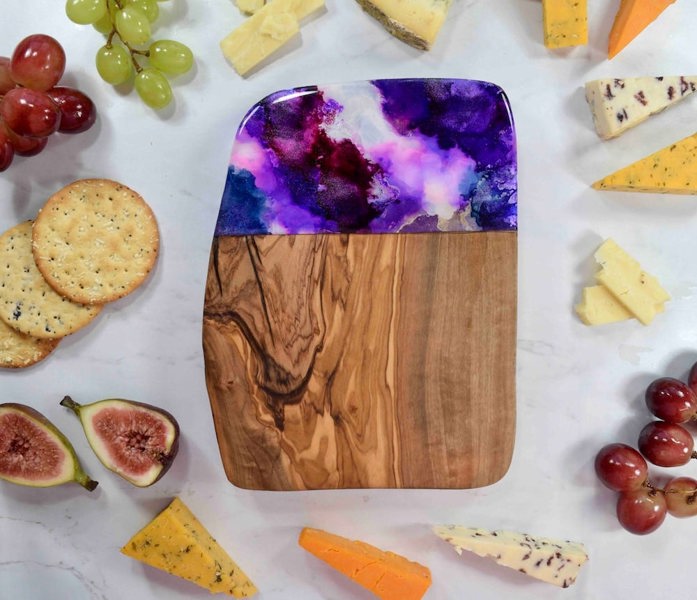 Kate Chesters Art Olive Wood Cutting Board with Purple Resin Art