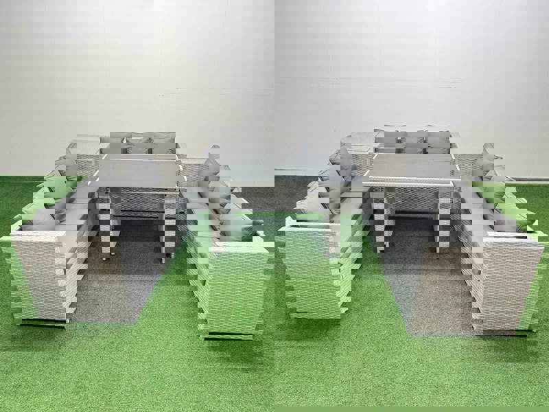 Fimous Patio Outdoor Garden Furniture Sets with Black Glass Top Dining Table 3 Seater Sofa Side Table Light Grey