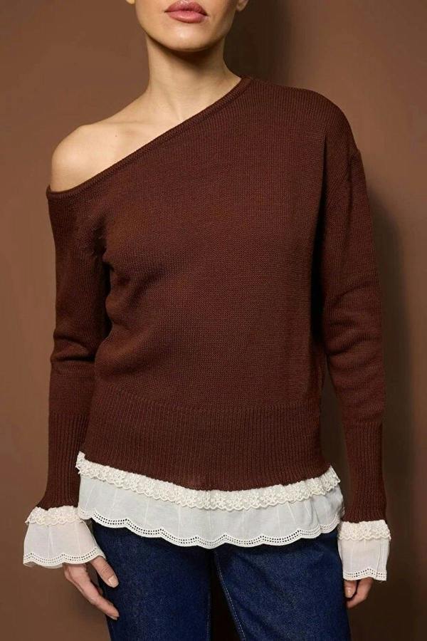 WOVCOR Lace Trimmed Boat Neck Knit Sweater