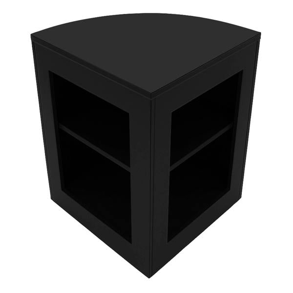 Black corner shop counter with two open shelves, sleek design, and smooth finish, ideal for retail or display purposes
