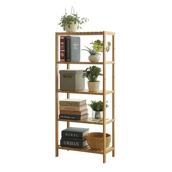 Neo Natural 5 Tier Bamboo Storage Shelf Shelves Rack Adjustable Multi-Purpose Rack Shoes Plants Bathroom Kitchen Hallway Room Organiser Unit