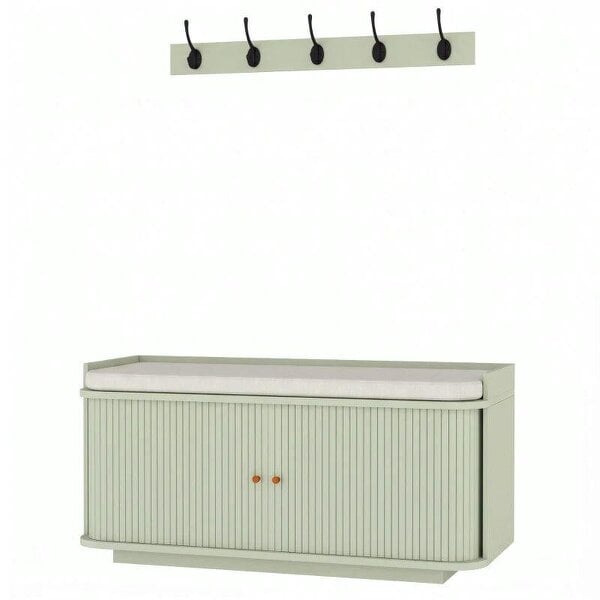 Hallway Storage Unit, Hallway Furniture Set with Shoe Storage Cabinet and 5 Hooks Coat Rack, Light Green