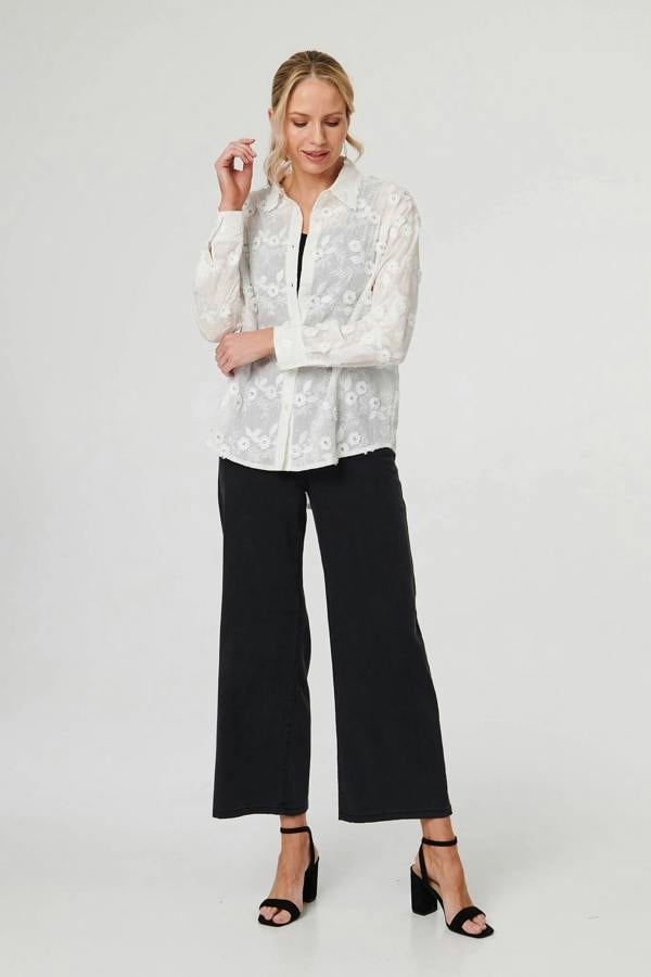 White | Floral Lace Embroidered Semi Sheer Shirt