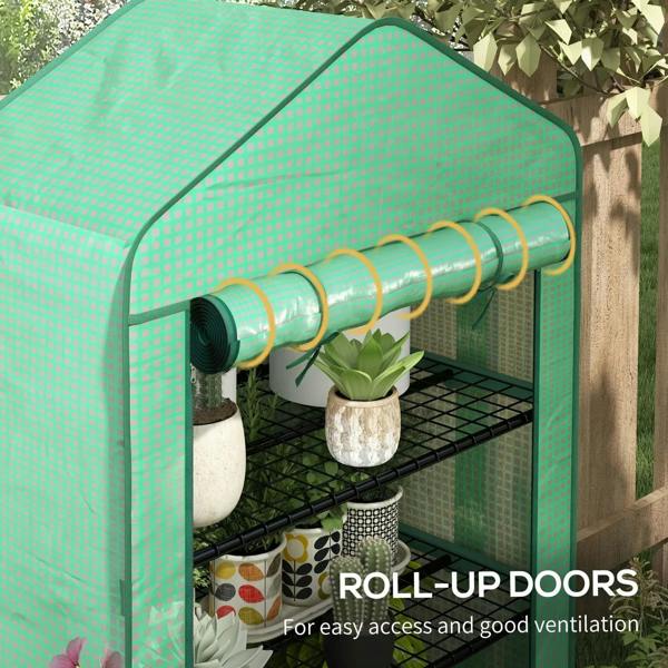 Green roll-up greenhouse door with cylindrical latch bar and translucent plastic cover