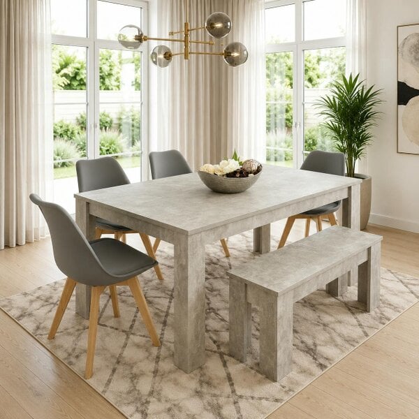 Kosy Koala Stone Grey Effect Wood Dining Table Set with Bench and 4 Grey Plastic Chairs ? Modern Dining Room Furniture