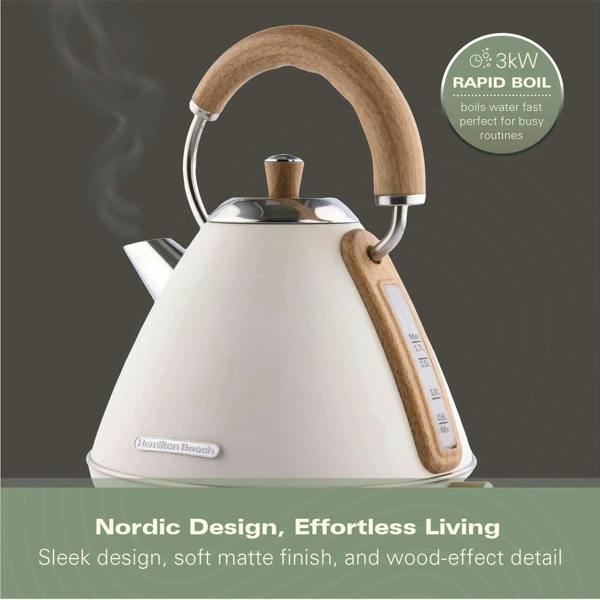 Hamilton Beach Scandi 1.7L Pyramid Kettle - Matte Cream with Wood Effect