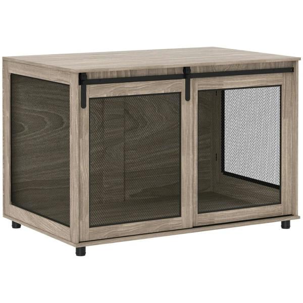Walnut brown wooden dog crate furniture with mesh panels and sliding door