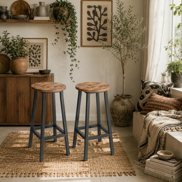 Wyld Haus Rema Set Of 2 Rustic Brown Industrial Round Bar Stools With Footrest 65cm