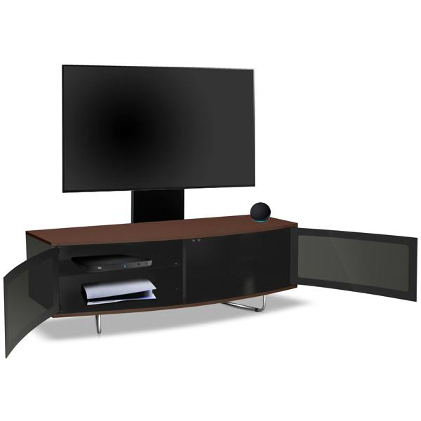 Homeology Caru Black Walnut Beam-Thru Remote Friendly Super-Contemporary D Shape Design 32"-65" LED/OLED/LCD TV Cabinet with Mounting Arm