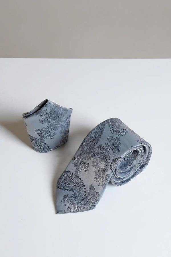 Marc Darcy Paisley Tie & Pocket Square Set - Grey