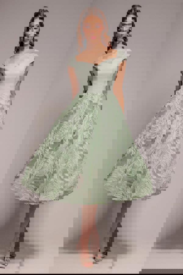 Scuba & Textured Chiffon A Line Midi Dress - Sage Green DR4549