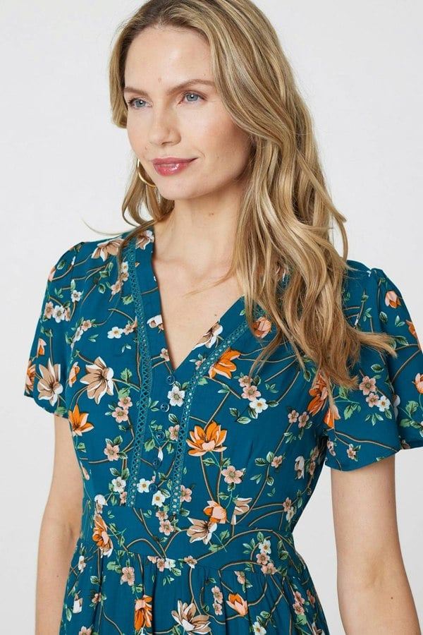 Teal | Floral Lace Trim Short Sleeve Midi Dress