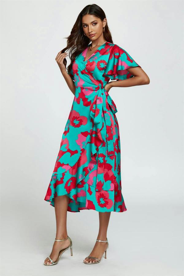 FS Collection Leopard Print Angel Sleeve Wrap Midi Blue Pink