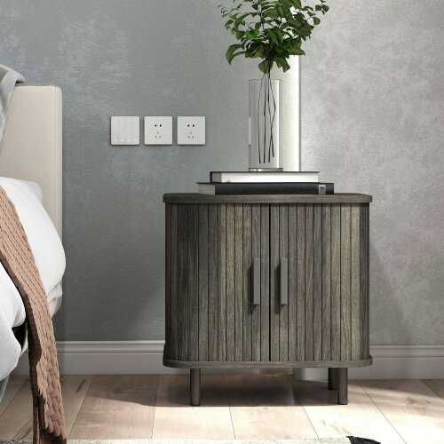 Wyld Haus Pasaba Grey Nordic Bedside Table With Tambour Sliding Door And Metal Legs