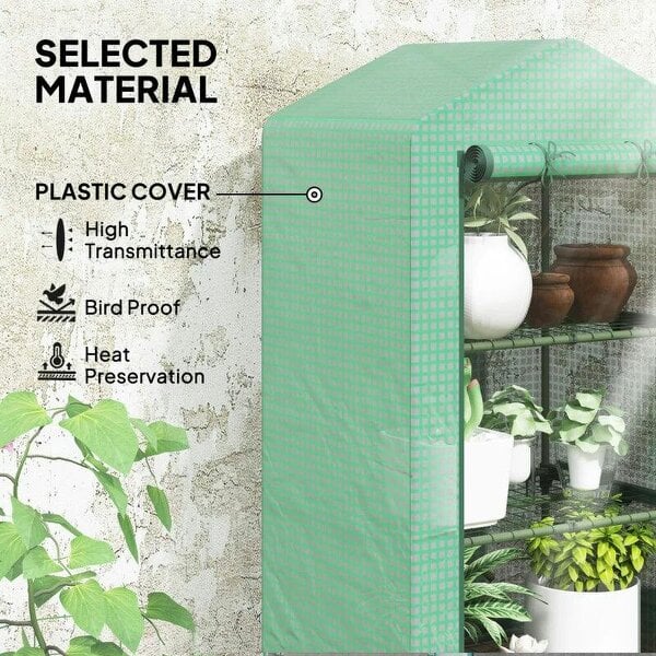 Bobobiy 3 Tier Mini Greenhouse Portable Garden Grow House with Roll Up Door and Wire Shelves, 69 x 49 x 125 cm, Green