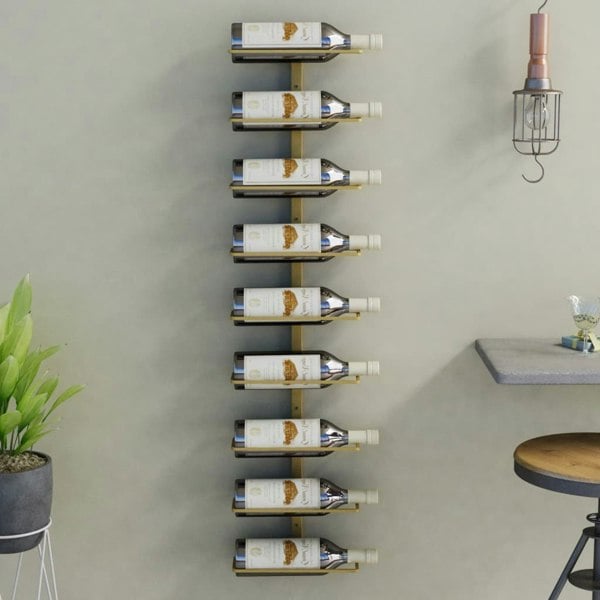Berkfield Wall-mounted Wine Rack for 9 Bottles Gold Iron