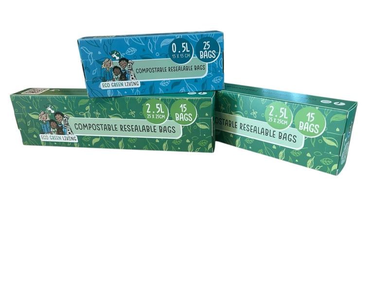 Eco Green Living Compostable Resealable Zip lock Bags Large  | 2.5 Litre x 2 and 0.5 Litre