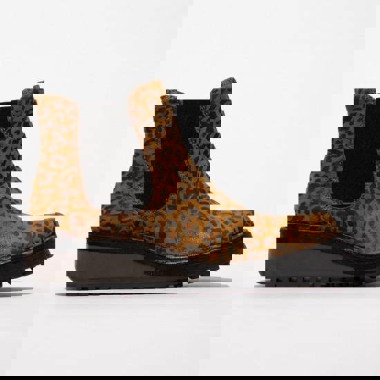 FLY London HUDD Womens Wedged Heeled Chelsea Leather Ankle Boots, leopard print leather ankle boots with black elastic panels and thick wedge sole.