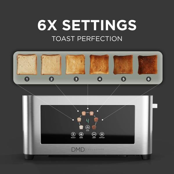 DMD Collective Touchscreen 4 Slice Long Slot Toaster Stainless Steel, 6 Browning Levels, Defrost Reheat & Cancel Functions, 1400W